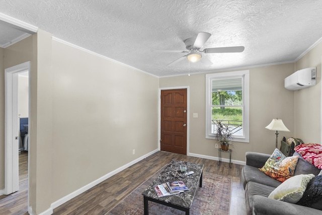 2028 Battle Row, Augusta, GA 30904 - living area featuring a wall mounted AC, wood finished floors, ceiling fan, crown molding, and a textured ceiling