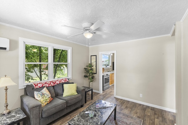 2028 Battle Row, Augusta, GA 30904 - living area featuring wood finished floors, ceiling fan, a wall mounted AC, baseboards, and a textured ceiling