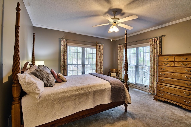 carpeted bedroom with a textured ceiling, access to outside, ceiling fan, and ornamental molding