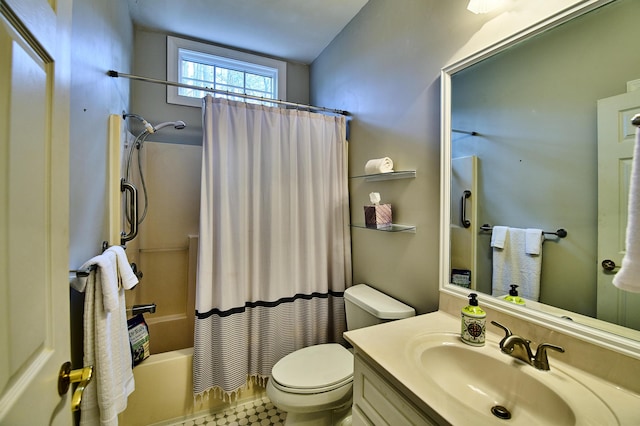 bathroom with toilet, vanity, and shower / bath combination with curtain