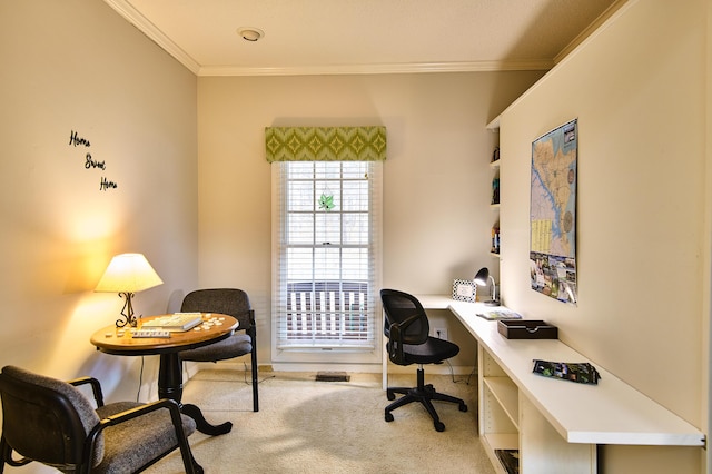 office space with crown molding and carpet