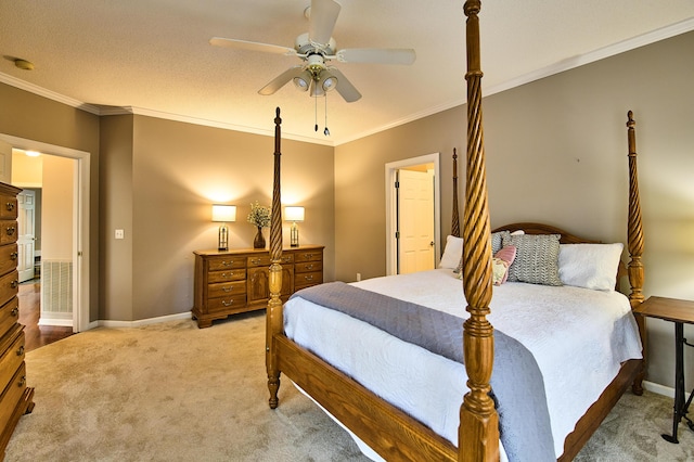 bedroom with a ceiling fan, light colored carpet, baseboards, and ornamental molding