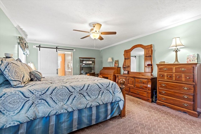 bedroom featuring a textured ceiling, ceiling fan, and crown molding