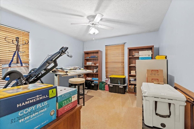 carpeted home office with ceiling fan and a textured ceiling