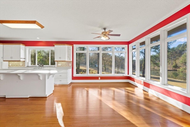 unfurnished sunroom featuring ceiling fan, a healthy amount of sunlight, and sink