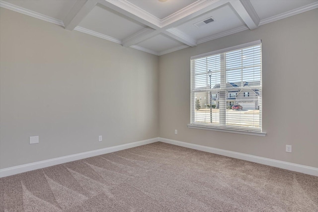 unfurnished room featuring beamed ceiling, carpet floors, ornamental molding, and coffered ceiling