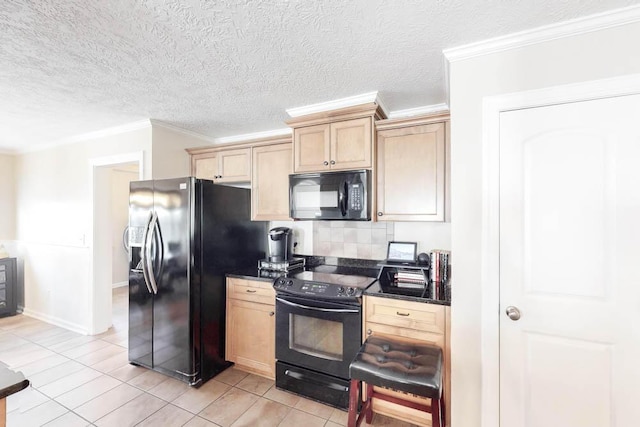 kitchen featuring black appliances, light tile patterned flooring, ornamental molding, and light brown cabinetry