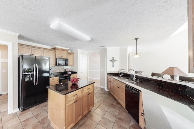 kitchen with black appliances, crown molding, sink, hanging light fixtures, and light brown cabinetry