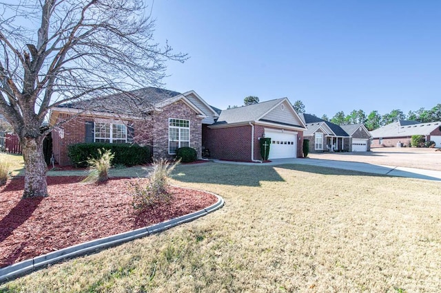 ranch-style house with a garage and a front lawn