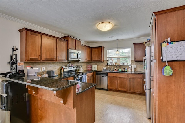 kitchen featuring kitchen peninsula, dark stone counters, a breakfast bar, stainless steel appliances, and pendant lighting