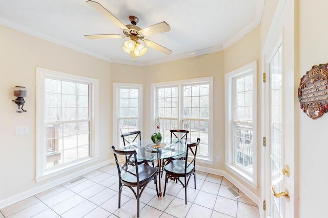 dining space featuring visible vents, baseboards, a ceiling fan, and crown molding