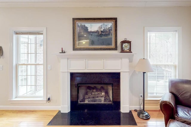 room details with baseboards, a fireplace with flush hearth, wood finished floors, and crown molding