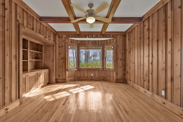 207 W Liberty St, Washington, GA 30673 - empty room with light wood finished floors, wooden walls, coffered ceiling, a ceiling fan, and beam ceiling