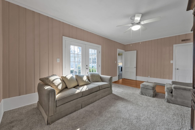 207 W Liberty St, Washington, GA 30673 - living room featuring ornamental molding, french doors, visible vents, and ceiling fan