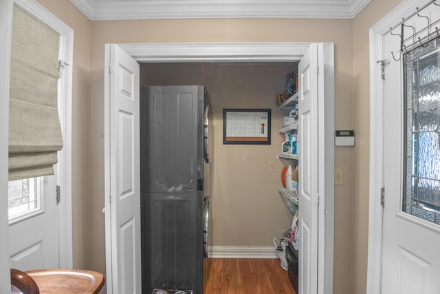 clothes washing area with ornamental molding, dark wood-style flooring, baseboards, and plenty of natural light
