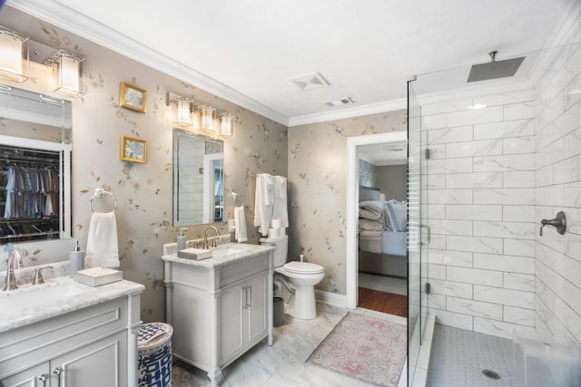 full bath featuring a stall shower, two vanities, and a sink