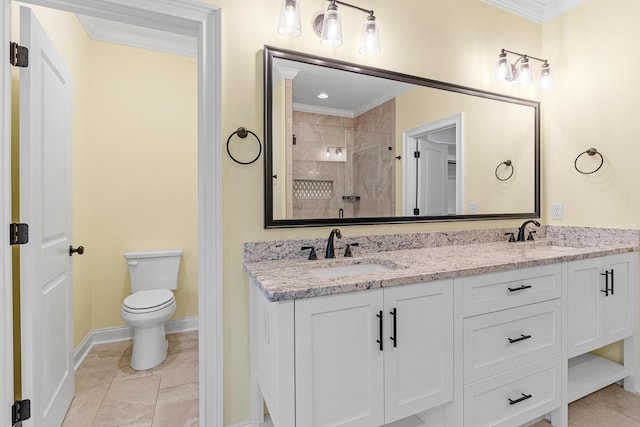 3067 Rosewood Dr, Evans, GA 30809 - bathroom with ornamental molding, double vanity, a tile shower, and tile patterned floors