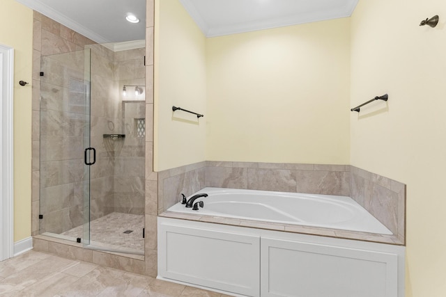 3067 Rosewood Dr, Evans, GA 30809 - full bathroom featuring a bath, a shower stall, ornamental molding, and recessed lighting