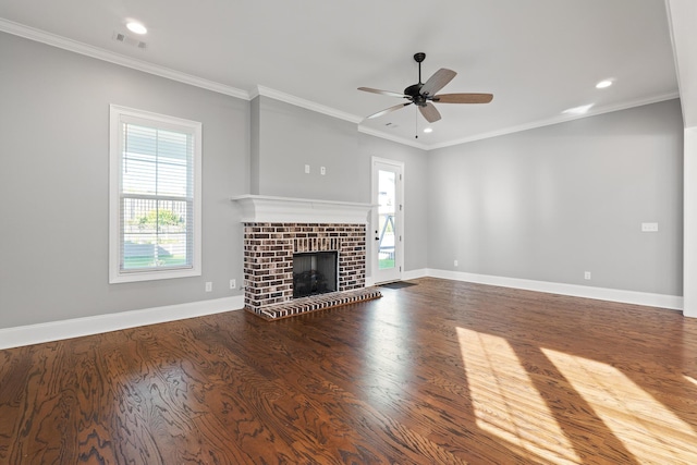 3067 Rosewood Dr, Evans, GA 30809 - unfurnished living room with ceiling fan, wood finished floors, a fireplace, recessed lighting, and ornamental molding