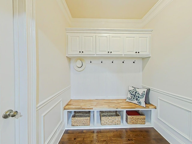 1038 Dietrich Ln, North Augusta, SC 29860 - mudroom featuring ornamental molding, wainscoting, a decorative wall, and dark wood-style floors
