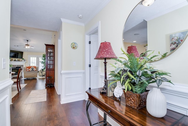 entrance foyer with a fireplace, a ceiling fan, wainscoting, dark wood finished floors, and ornamental molding