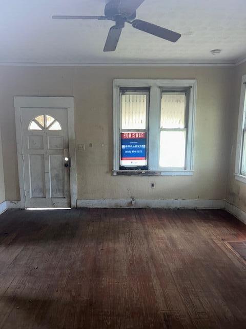 1620 12th St, Augusta, GA 30901 - entryway with dark wood-style floors, baseboards, ornamental molding, and ceiling fan