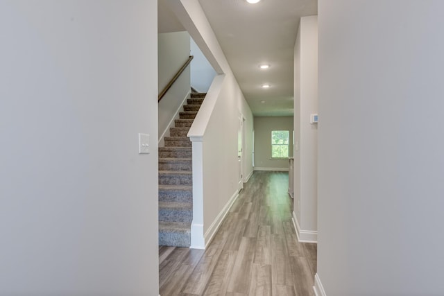 1056 Candleberry Dr, Grovetown, GA 30813 - hallway with wood finished floors, stairway, and recessed lighting