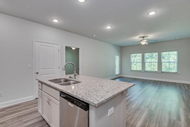 1056 Candleberry Dr, Grovetown, GA 30813 - kitchen featuring dishwasher, ceiling fan, white cabinetry, light wood-style flooring, and recessed lighting