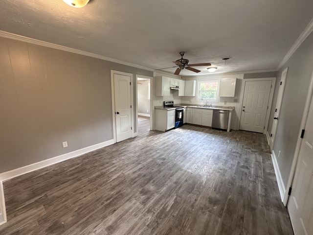 kitchen with dishwasher, range with electric stovetop, white cabinetry, and dark wood-type flooring