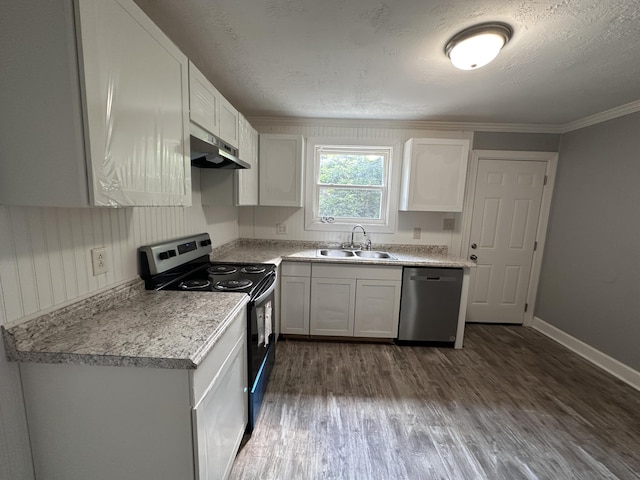 kitchen featuring black range with electric stovetop, white cabinetry, and stainless steel dishwasher