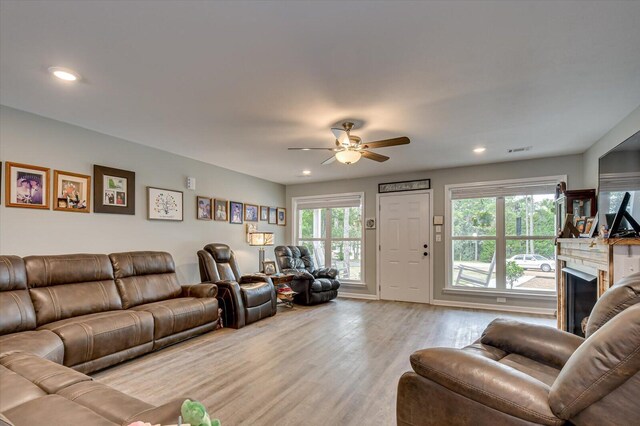 living room with light hardwood / wood-style flooring, a wealth of natural light, and ceiling fan