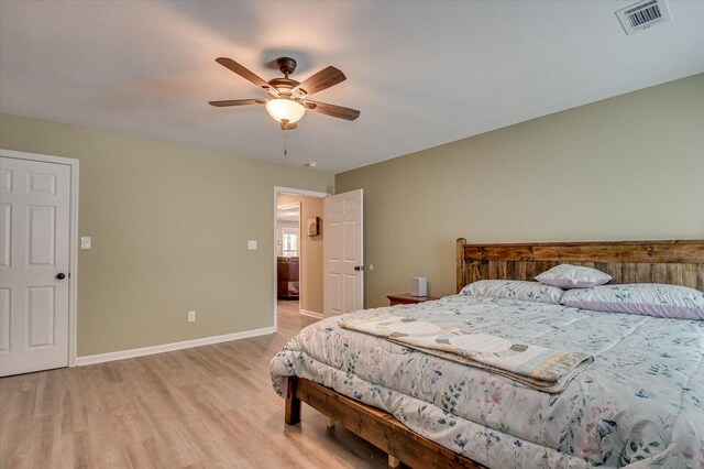 bedroom featuring light hardwood / wood-style floors and ceiling fan