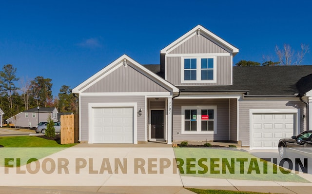 craftsman-style home with an attached garage, board and batten siding, fence, driveway, and a front lawn