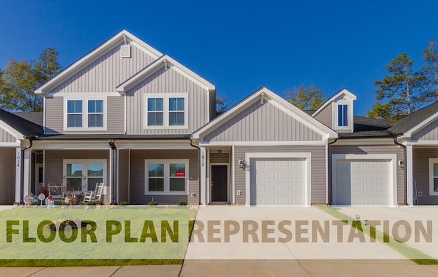 view of front facade featuring a garage, driveway, covered porch, board and batten siding, and a front yard