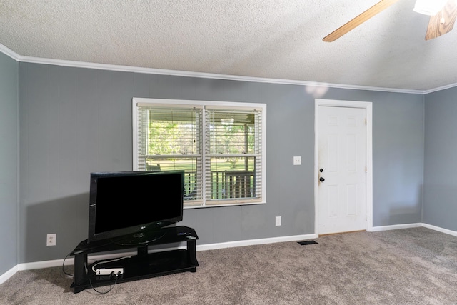 5950 E Ga Highway 24, Louisville, GA 30434 - carpeted living area with ornamental molding, ceiling fan, baseboards, and a textured ceiling