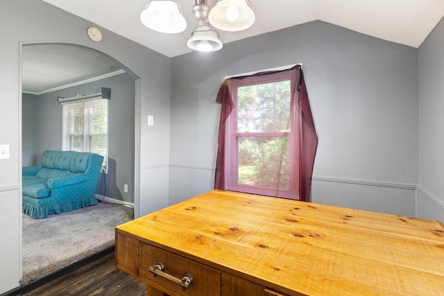 5950 E Ga Highway 24, Louisville, GA 30434 - home office featuring arched walkways, dark wood-style flooring, lofted ceiling, and wainscoting