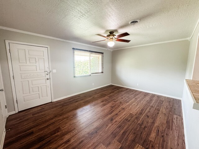 2255 Walden Dr, Augusta, GA 30904 - unfurnished room with dark wood finished floors, ceiling fan, crown molding, a textured ceiling, and baseboards