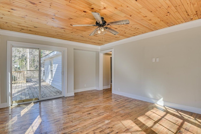 spare room featuring crown molding, ceiling fan, light hardwood / wood-style flooring, and wooden ceiling