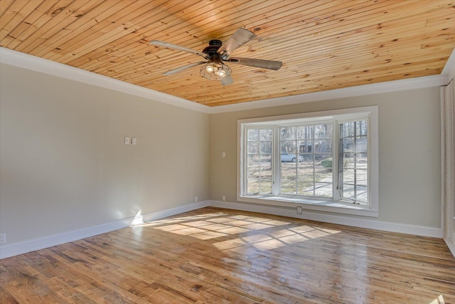 spare room featuring crown molding, wood ceiling, ceiling fan, and light wood-type flooring