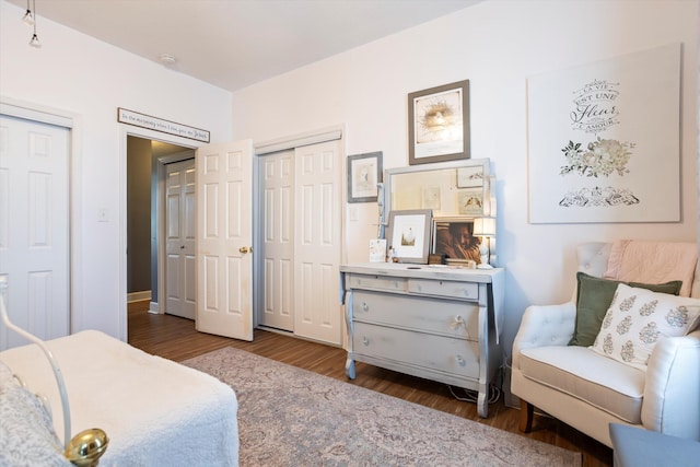 bedroom featuring wood finished floors and multiple closets