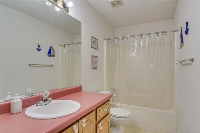 full bathroom featuring vanity, toilet, a textured ceiling, and shower / tub combo with curtain