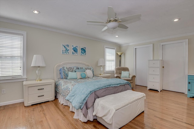 2408 Forest Park Rd, Augusta, GA 30904 - bedroom with ornamental molding, light wood-style floors, baseboards, recessed lighting, and a ceiling fan