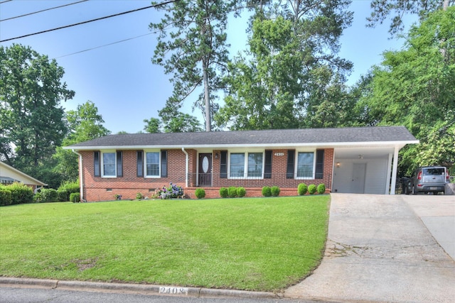 2408 Forest Park Rd, Augusta, GA 30904 - ranch-style home with concrete driveway, brick siding, a front yard, a carport, and crawl space