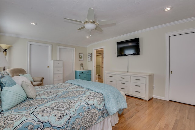 2408 Forest Park Rd, Augusta, GA 30904 - bedroom featuring light wood finished floors, crown molding, recessed lighting, a ceiling fan, and baseboards