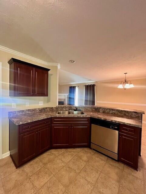 510 Lory Ln, Grovetown, GA 30813 - kitchen with dishwasher, a sink, ornamental molding, a chandelier, and dark stone counters