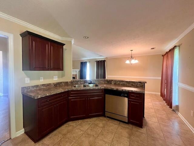 510 Lory Ln, Grovetown, GA 30813 - kitchen with stainless steel dishwasher, crown molding, a sink, a chandelier, and a peninsula