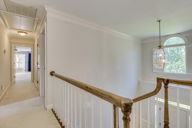 819 Cape Cod Ct, Evans, GA 30809 - hall featuring attic access, light carpet, crown molding, and an upstairs landing