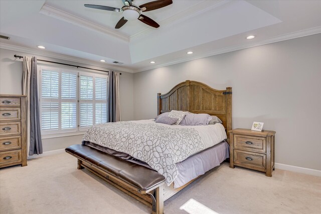 819 Cape Cod Ct, Evans, GA 30809 - bedroom with light colored carpet, a tray ceiling, crown molding, recessed lighting, and a ceiling fan
