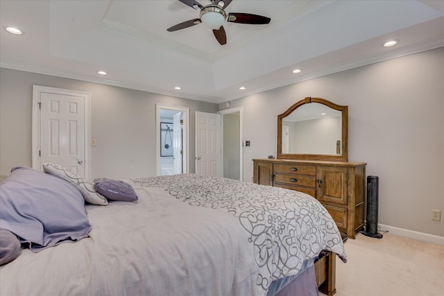 819 Cape Cod Ct, Evans, GA 30809 - bedroom featuring recessed lighting, light colored carpet, a tray ceiling, ornamental molding, and a ceiling fan
