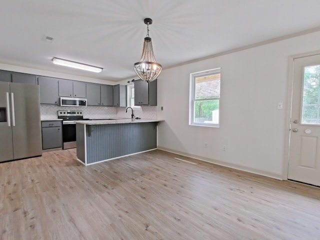 kitchen with light wood-style flooring, stainless steel appliances, a peninsula, backsplash, and gray cabinetry